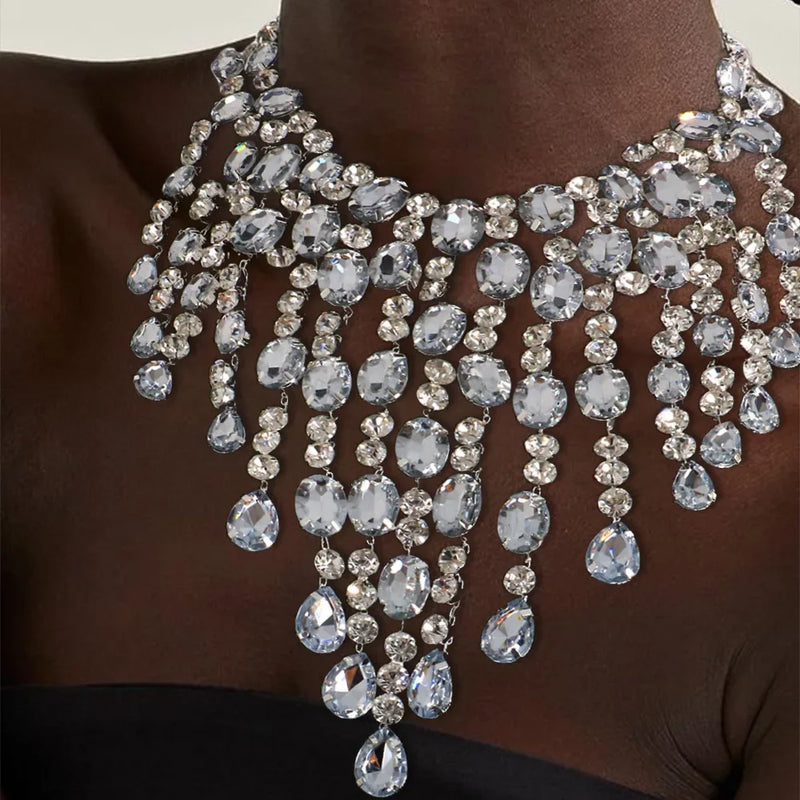 Colar de luxo Maxi Clear Crystal Choker Colar Longo Borla Declaração Colar Pingentes Chunky Collar Jóias