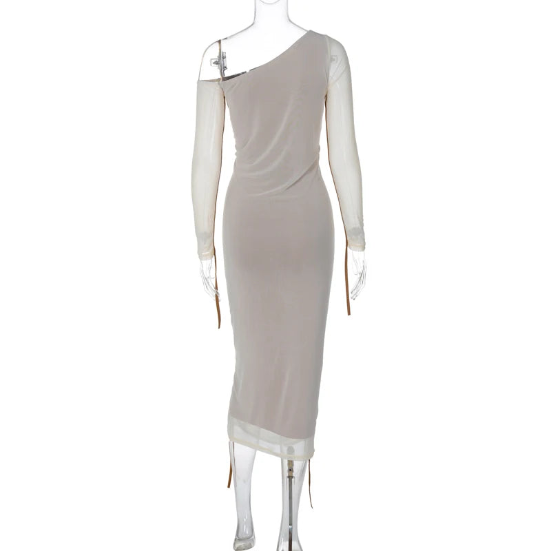 Hugcitar Mesh Solid Diagonal Collar Long Sleeve Draped Sexy See Through Bodycon Maxi Dress Summer Fashion Clothes Festival Club