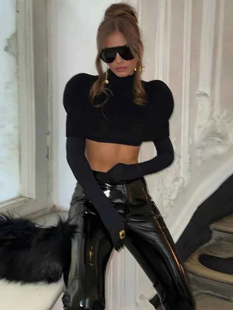 Nibber Simple Two Pieces Crop Tops Women Turtleneck Zipper Shoulder Pads Tops+o-Neck Long-Sleeve Glove t-Shirts Sexy Streetwear
