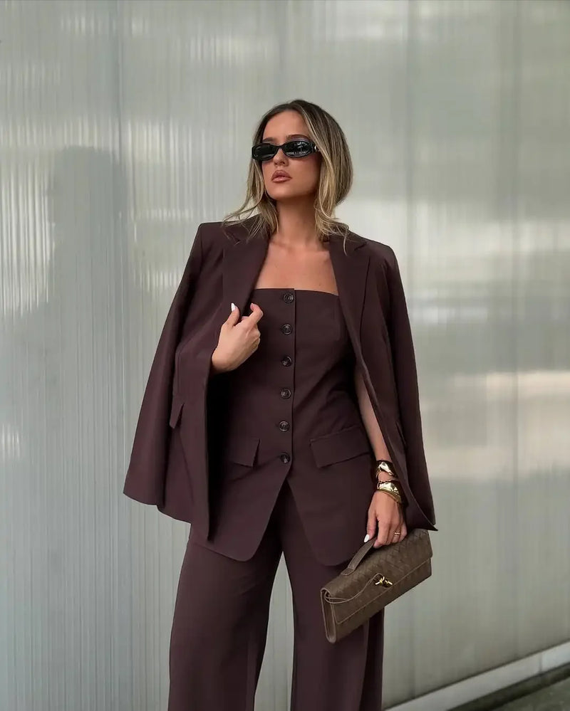 Elegant Full Sleeve Single Breasted Pocket Women Blazer Outfits Chic Solid High Waist Loose Pants Set Lady Spring Two Piece Sets