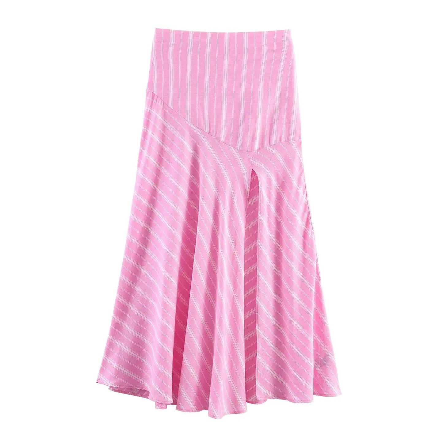 Conjunto social (2 Peças): Camisa Listrada Rosa Oversized de Manga Longa e Saia Midi Plissada com Recorte e Zíper