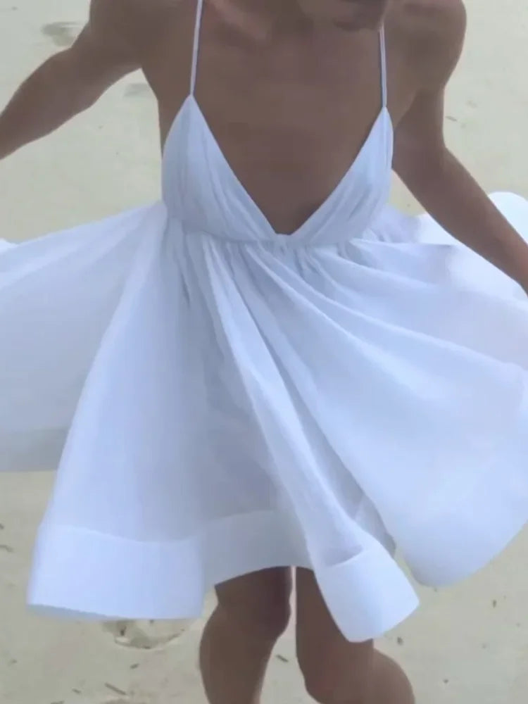 2025 Sexy Backless Lace Up Women's Sling Mini Dress Chic Solid High Waist Loose Pleated Hem Vestido Lady Summer Party Beachwear