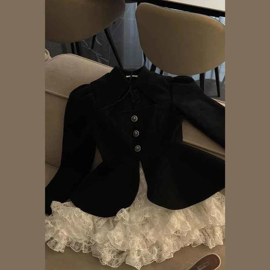 Women Trendy Lace Dresses Two Hit Color False Two-piece Mini Skirt Square Neck Long Sleeve High Waist Dress Party Evening Gowns