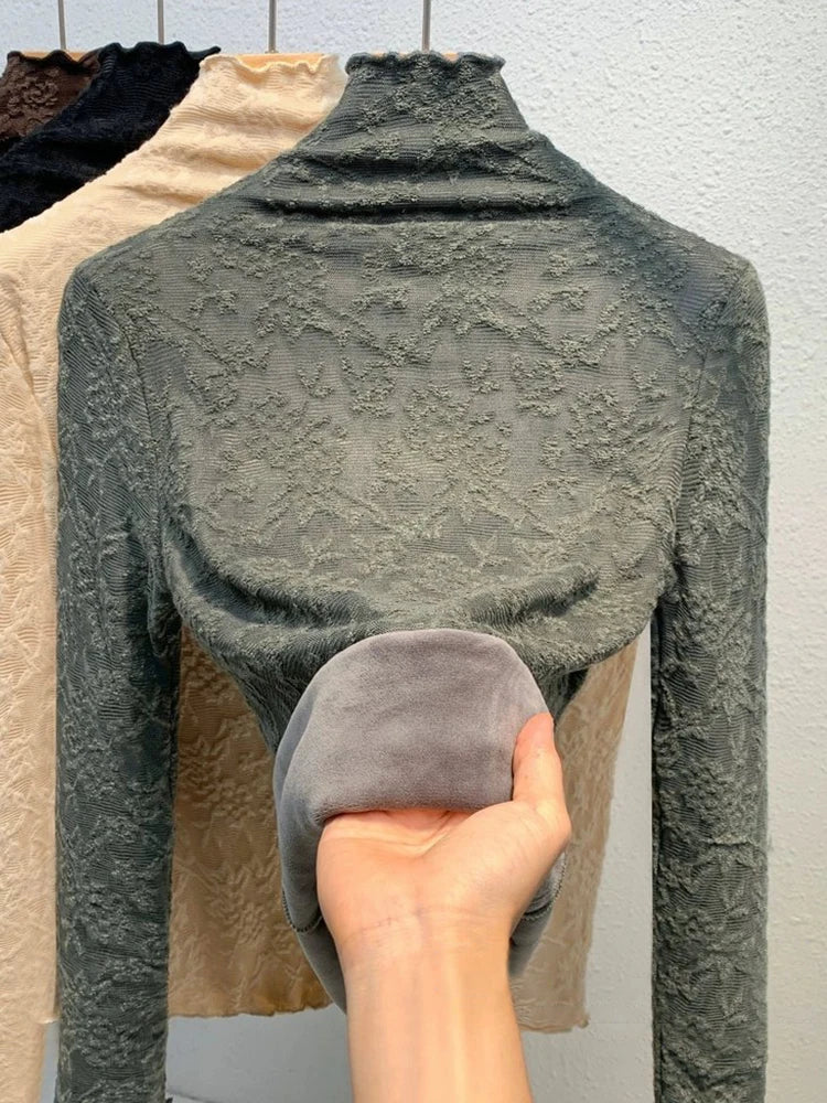 Women's Fleece Lined Lace Base Shirt Half High Collar Inner Wear Autumn Winter Warm plus Size Fat MM Top Commute Style Slim Fit
