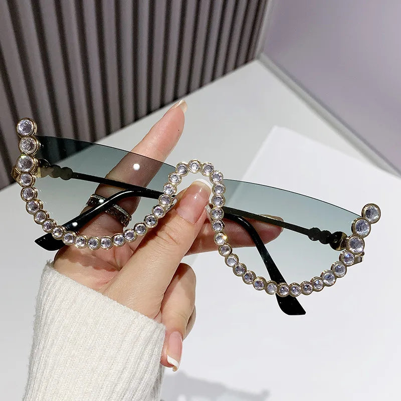 Luxury Brand Designer Diamond Half Frame Sunglasses Women For Female Vintage Fashion Sun Glasses Punk Rhinestone Crystal Metal - CRAVO ROSE