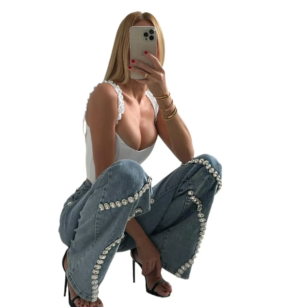 Calças jeans com strass e design para nichos, calças retas e soltas, calças casuais e versáteis