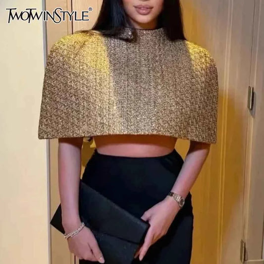 TWOTWINSTYLE Gold Loose Spliced Folds Chic Wraps for Women O Neck Sleeveless Elegant Intellectual Wrap Female Summer Fashion New
