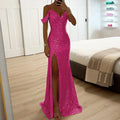 Summer Women Spaghetti Strap Solid Party Dress, 2024 V Neck Sequins Patchwork Maxi Dress, New Sexy Sleeveless Split Ladies Dress
