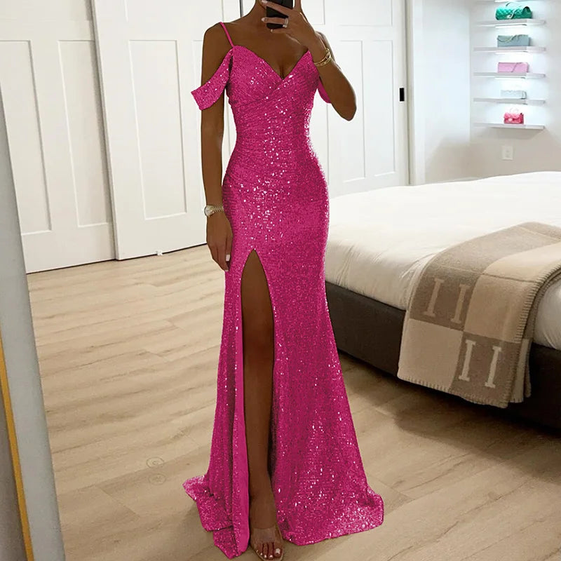 Summer Women Spaghetti Strap Solid Party Dress, 2024 V Neck Sequins Patchwork Maxi Dress, New Sexy Sleeveless Split Ladies Dress