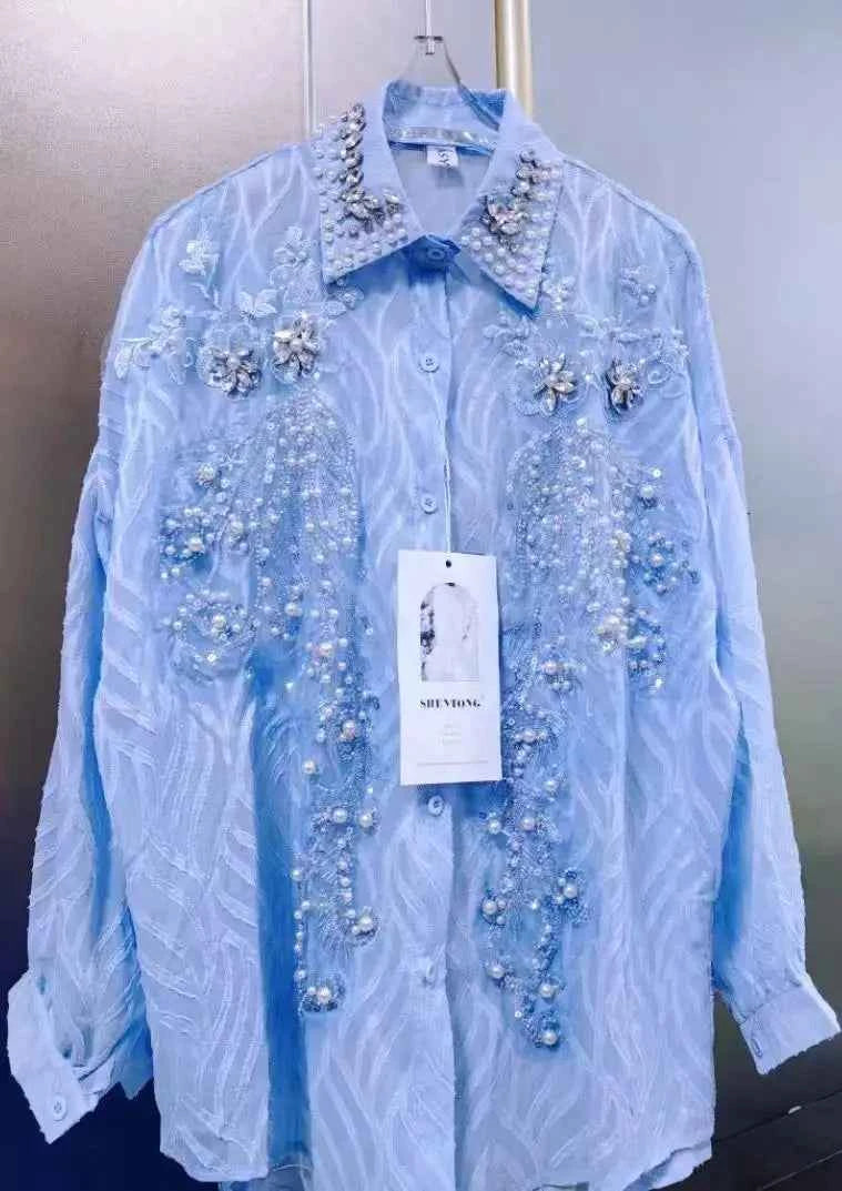 Luxury Pearls Beads Stitch Blue Blouses Shirts For Women 2025 Spring Summer New Fashion Trend Loose Casual Tops Blusas