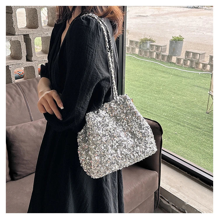 Sparkling Sequins Bucket Shoulder Bags Sense of Luxury Large Capacity Fresh Crossbody Bags for Women 2024 Fashion Versatile Hot
