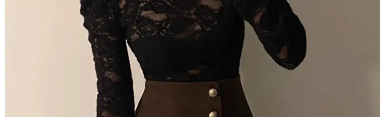 Fleece Lined Lace Base Shirt Women's Autumn Winter Hollow out Mesh Top Trendy Commute Style High Neck Long Sleeve  Color