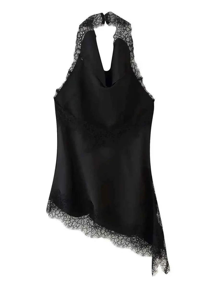 2026 Women's Sexy V-neck Backless Black Asymmetrical Lace Camisole Lady Vintage Sleeveless Slip Evening Party Halter Blouse Tops