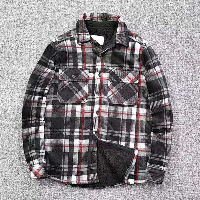 Thickened Plaid Shirt Coat Couples Style Fleece Lined Lamb Fur Casual Warm Outerwear for Men And Women Polyester Fabric