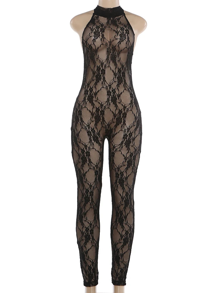 Weird Puss See through Backless Jumpsuit Women Sexy Wild Jacquard Bandages Halter Sleeveless Stretch High Street Party Clubwear