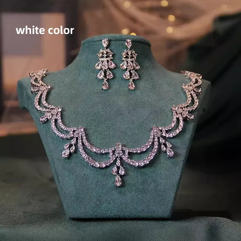 Colar de noiva jóias de alta qualidade luz luxo zircão vestido acessórios jóias brincos conjunto ornamentos presente natal - CRAVO ROSE