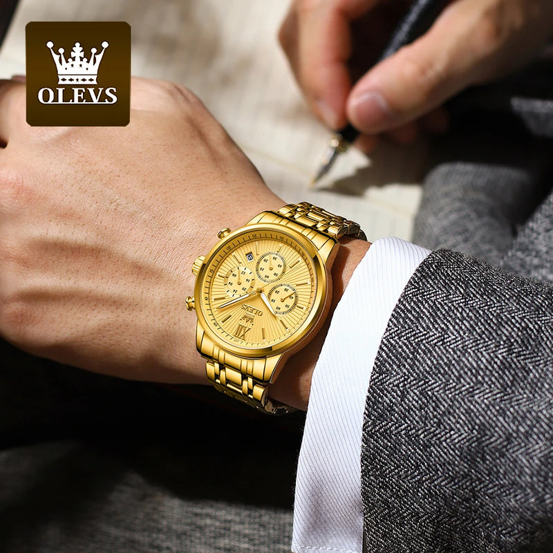 OLEVS Men's Watches Luxury Gold Fashion Wristwatch for Man Stainless Steel Waterproof Luminous Chronograph Date 24 Hour Display