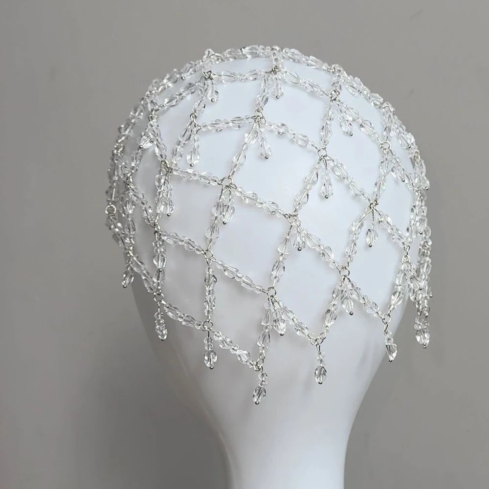 Fashion Acrylic Bridal Mesh Cap Headpiece for Women Accessories Handmade Elegant Crystal Tassel Hair Chain Hat Wedding Jewelry