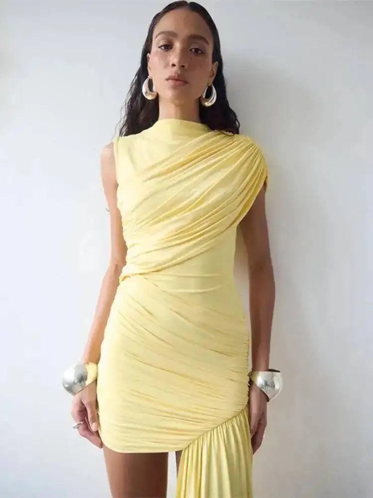 Balitops Summer Draped Ruched Sexy Mini Dress Women 2025 New Irregular High Waist Slim Fit Dress Female Elegant Club Tank Dress
