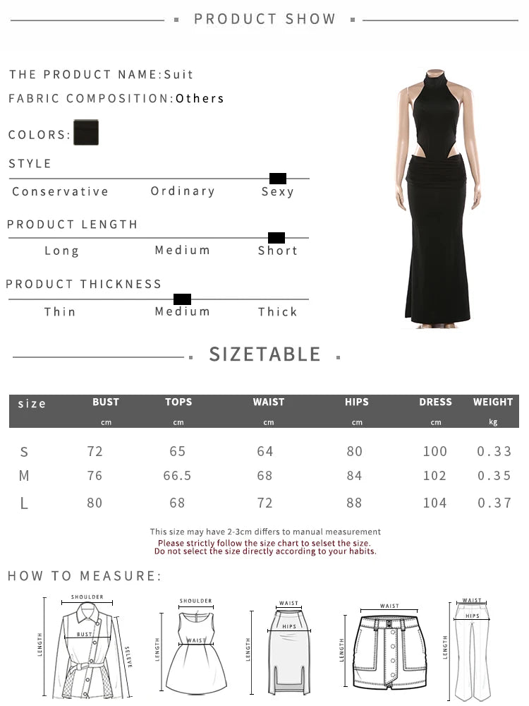 Kliou Sexy Hipster 2 Piece Set Woman Halter Turtleneck Backless Skinny Bodysuits+Elastic Waist Long Skirt High Street Style Suit