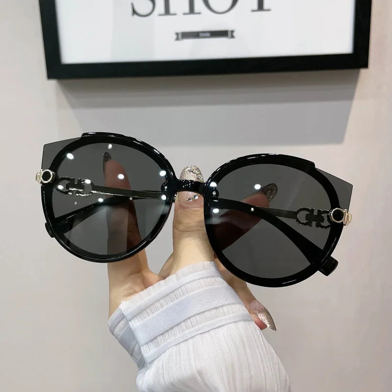 Óculos de sol redondos femininos, óculos de sol estilo olho de gato de marca de luxo, óculos vintage masculinos, óculos pretos, proteção UV400