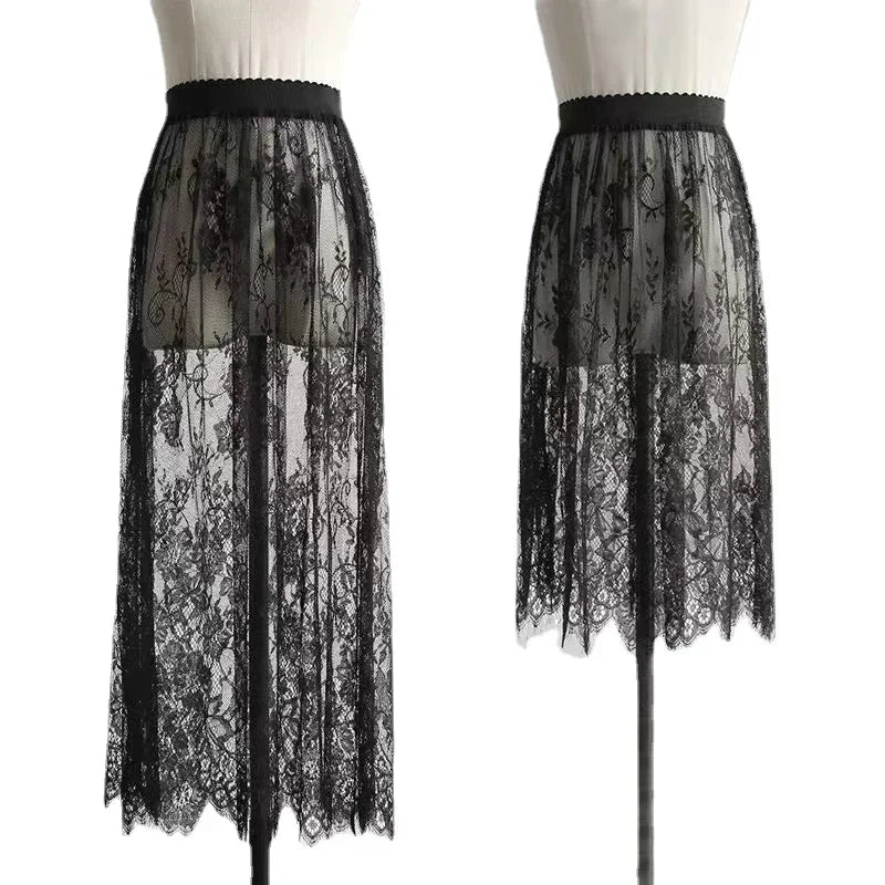 Saia preta elegante de 2 comprimentos, renda branca, transparente, saia longa de tule, feminina, elástica, cintura alta, praia, saia midi