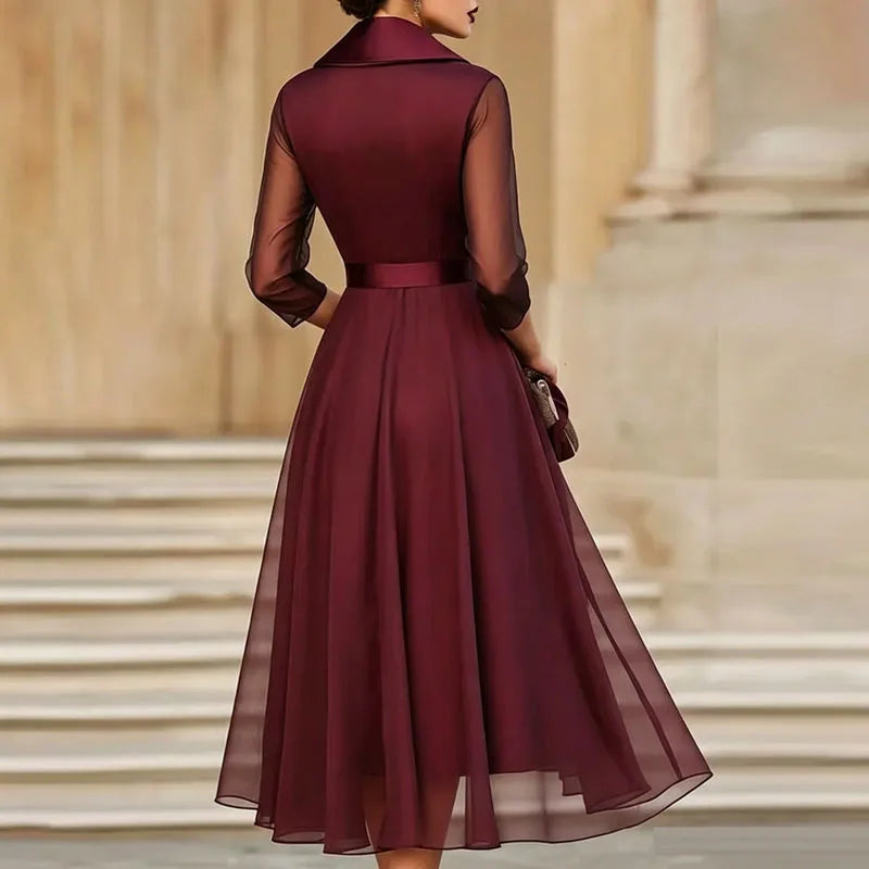 Women's Notched Collar Satin Workwear Dresses Spring Solid Tie-up Bow Mesh Long Dress New Summer Sheer Sleeve A-Line Party Dress