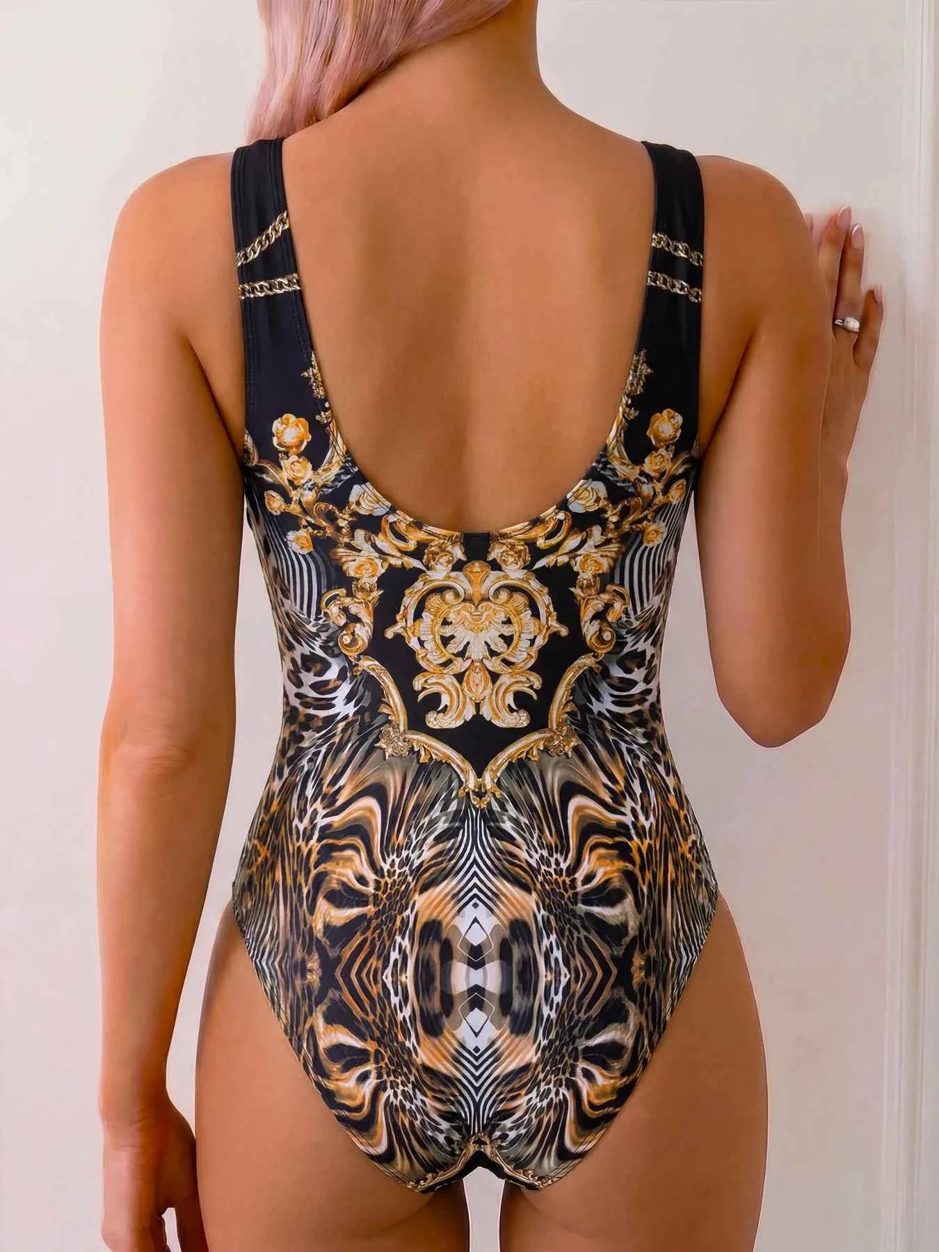 Women Luxury Black Gold Baroque Print One Piece Swimsuit U Neck Wide Strap Open Back Monokini High Cut Bathing Suit Vintage Eleg