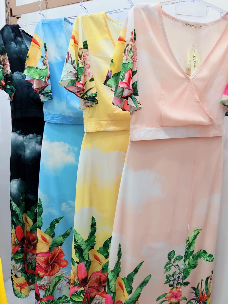 Women's Clothing/set/blouse and skirt/print/foliage/floral/crepe/slit/sleeve/EMILIMODA/EM16136