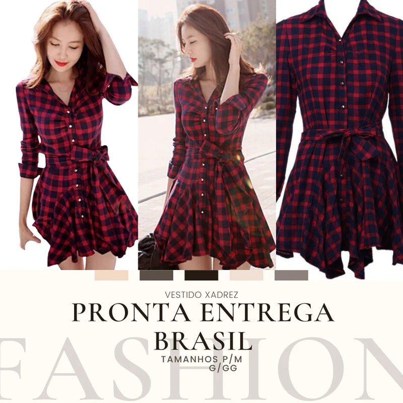 Women's Mid Short Vintage Red Plaid Dress