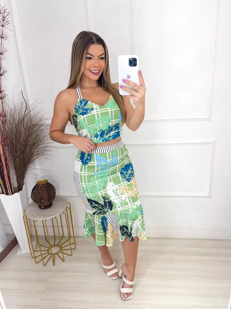 Women's Clothing/Set/Cropp and skirt/print/foliage/midi skirt/ruffled/ziper/crepe/lined/EMILIMODA/EM3766