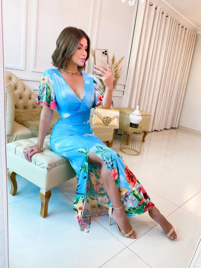 Women's Clothing/set/blouse and skirt/print/foliage/floral/crepe/slit/sleeve/EMILIMODA/EM16136