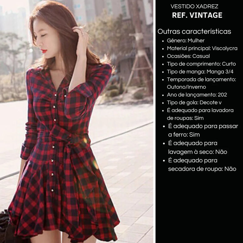Women's Mid Short Vintage Red Plaid Dress