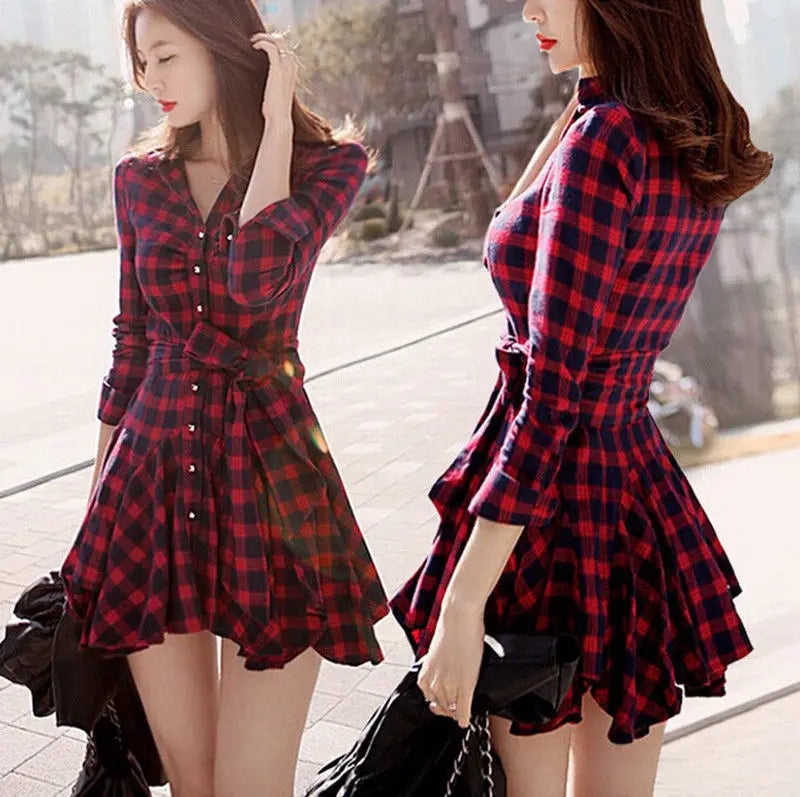 Women's Mid Short Vintage Red Plaid Dress