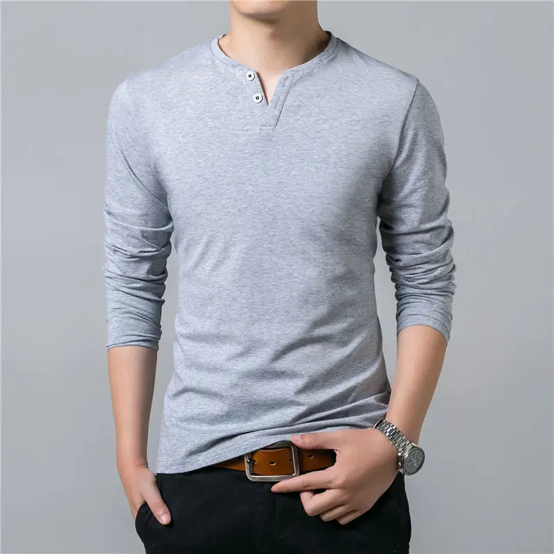 HENLEY CANNELLED Slim Fit Long Sleeve 2 BUTTONS T-Shirt-6 COLORS AVAILABLE