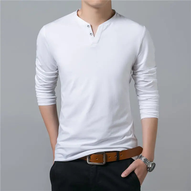 HENLEY CANNELLED Slim Fit Long Sleeve 2 BUTTONS T-Shirt-6 COLORS AVAILABLE