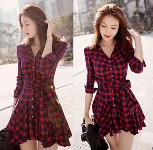 Women's Mid Short Vintage Red Plaid Dress