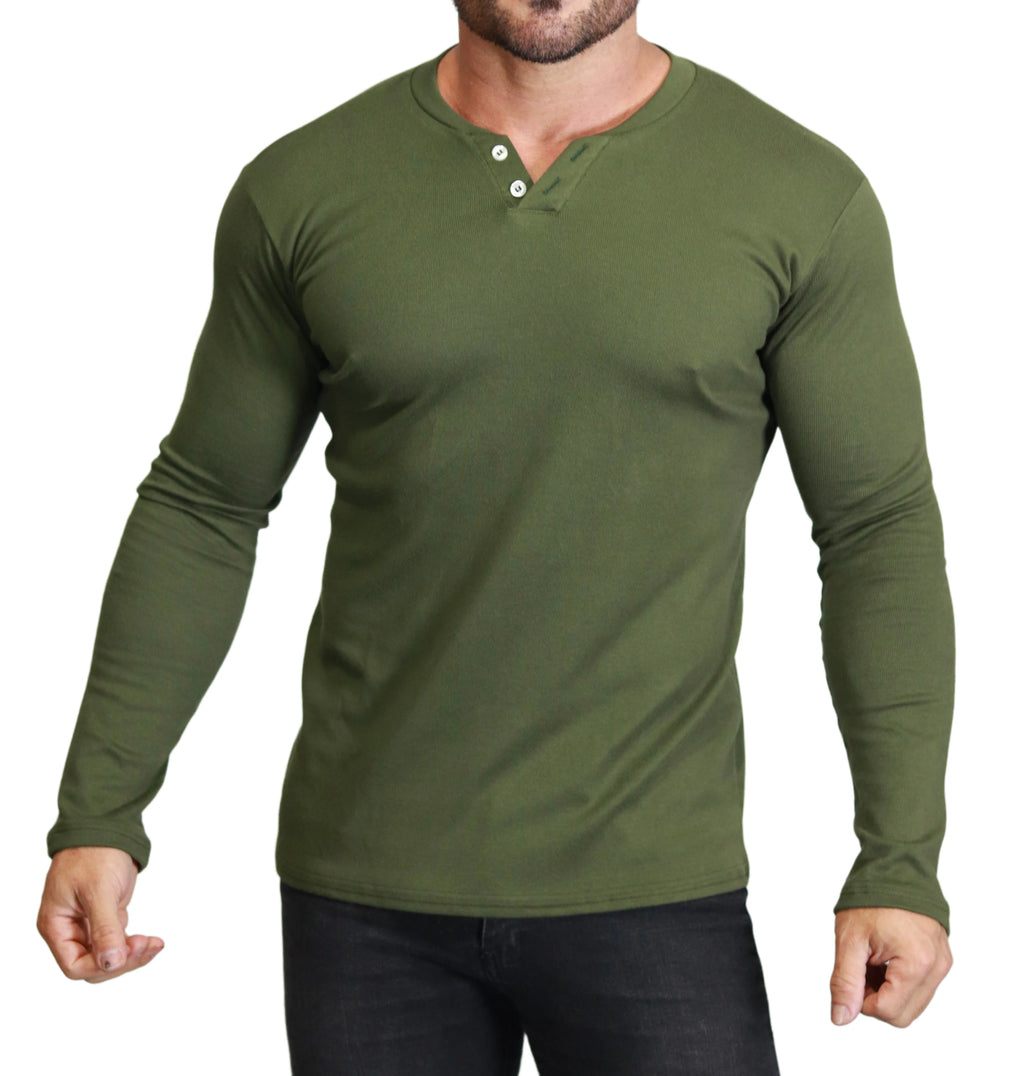 HENLEY CANNELLED Slim Fit Long Sleeve 2 BUTTONS T-Shirt-6 COLORS AVAILABLE