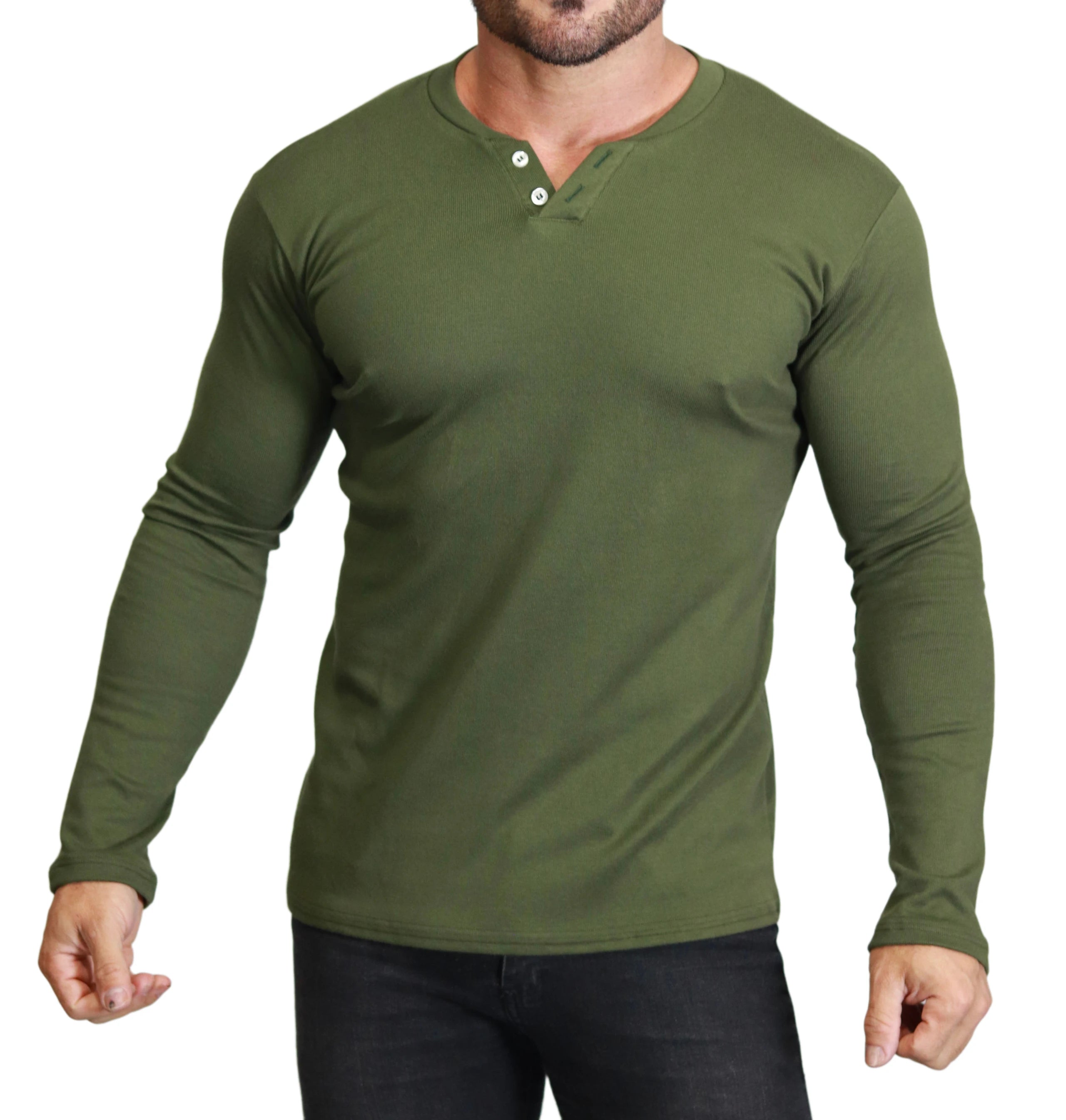 HENLEY CANNELLED Slim Fit Long Sleeve 2 BUTTONS T-Shirt-6 COLORS AVAILABLE
