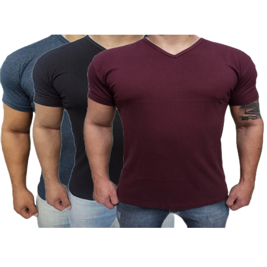 Kit 3 Camisetas Masculinas Gola V Lisa Camisa Slim Algodão Premium