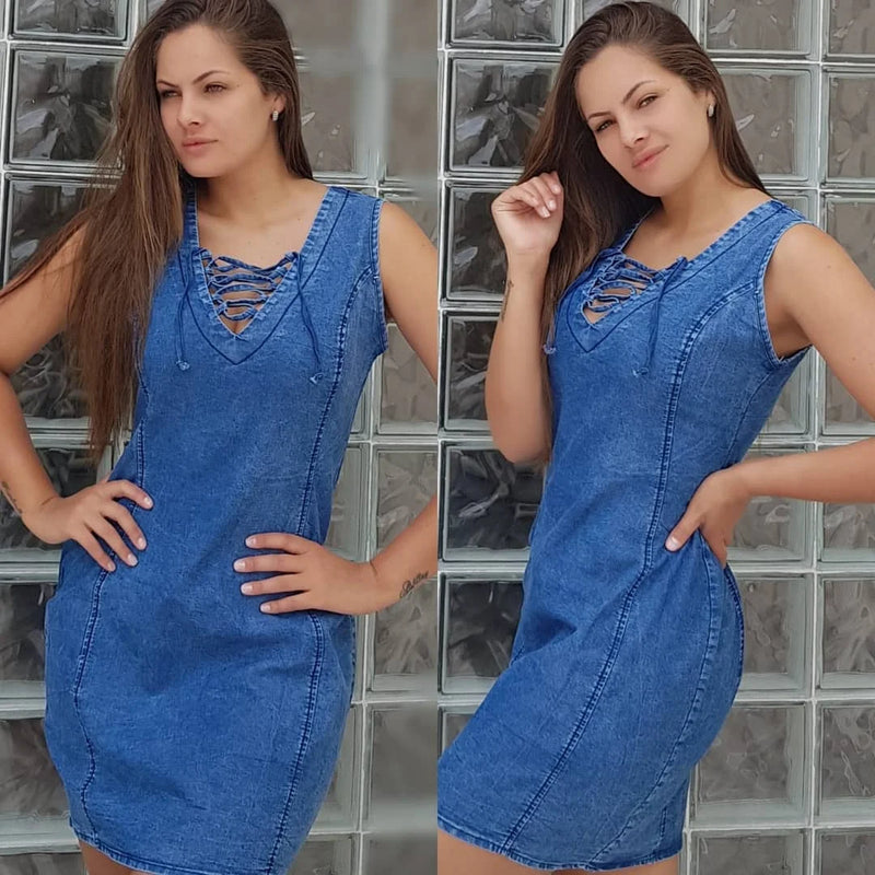 Vestido longo jeans feminino  estilo casual azul escuro