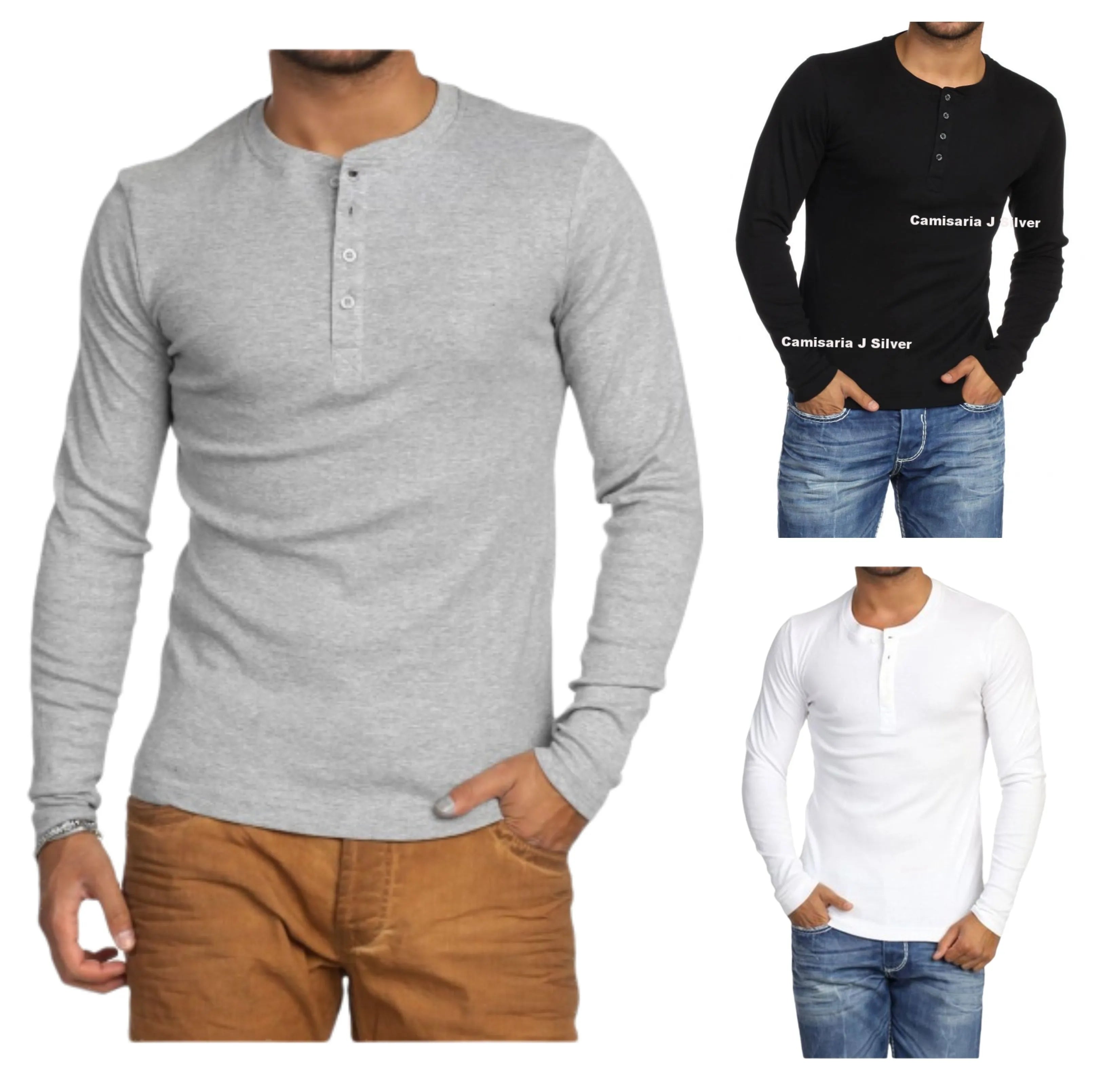 KIT COM 3 Camisetas Henley J Prata Slim Fit Manga Longa 4 Botões