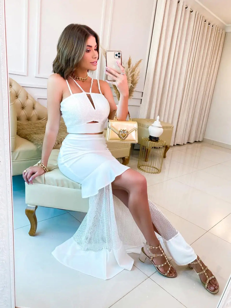 Women's clothing/set/cropped and skirt/long/slit/round/ruffle/neckline/EMILIMODA/EM07779