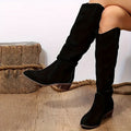 Women's Slouchy Knee High Boots, Fashion Solid Color V-cut Pull On Long Boots, Chunky Heeled Cowboy Boots - CRAVO ROSE