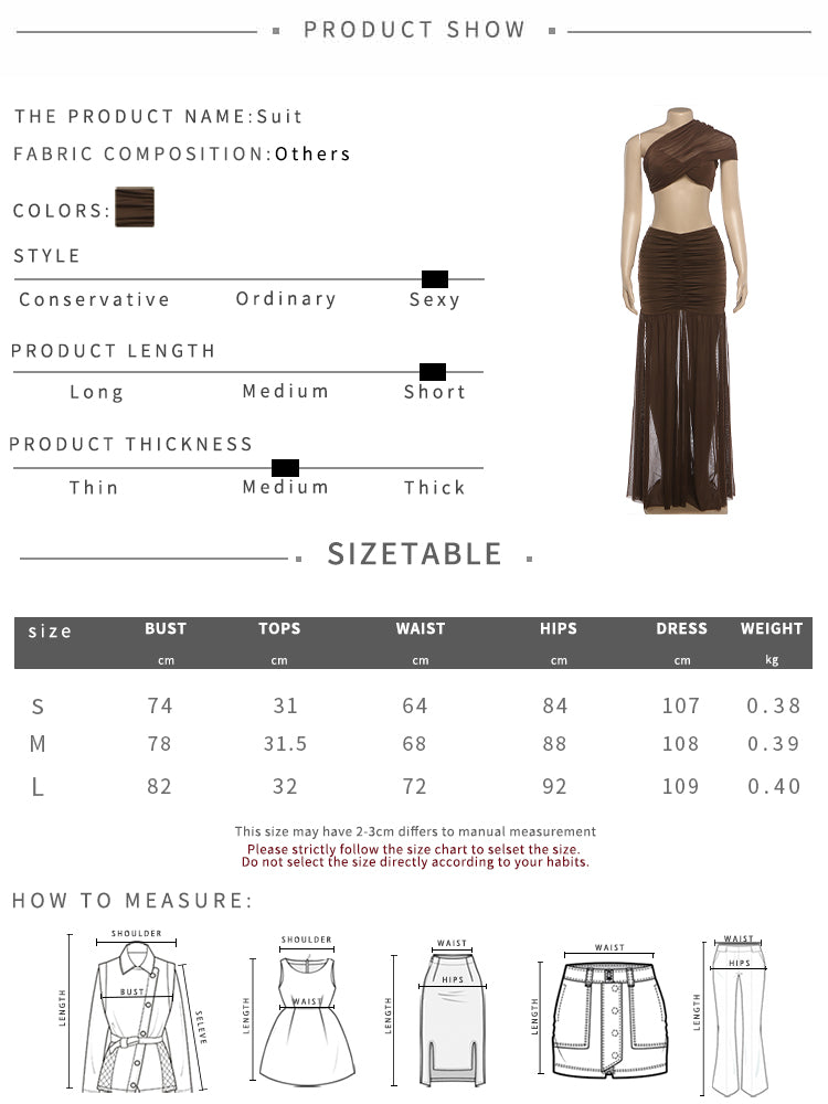 Nibber Fashion Ruched Elegant 2 Piece Set Woman Mesh Patchwork Skew Collar Backless Crop Tops+A-Line Long Skirt Prom Party Suit