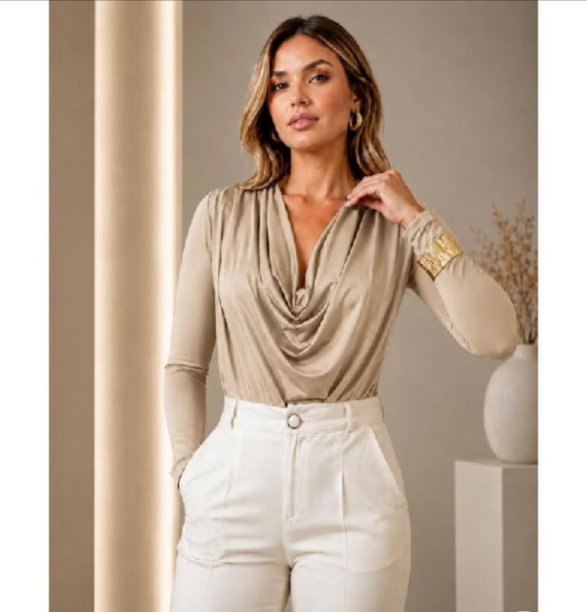 Blusa feminina gola boba premium na cor Bege