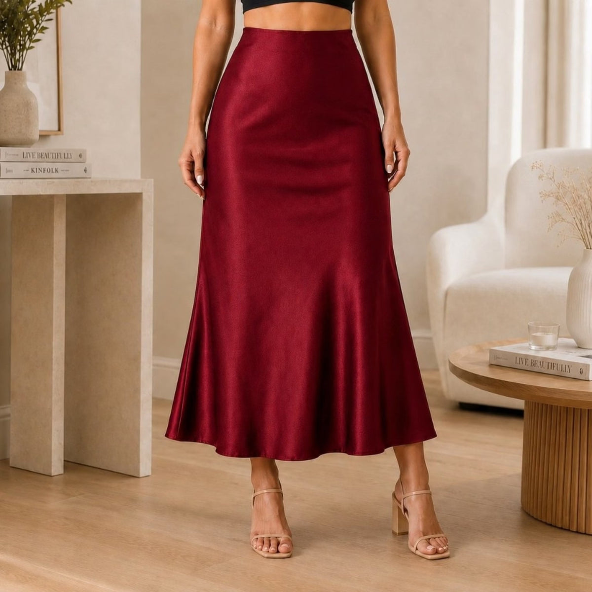 Saia midi acetinada cor vinho