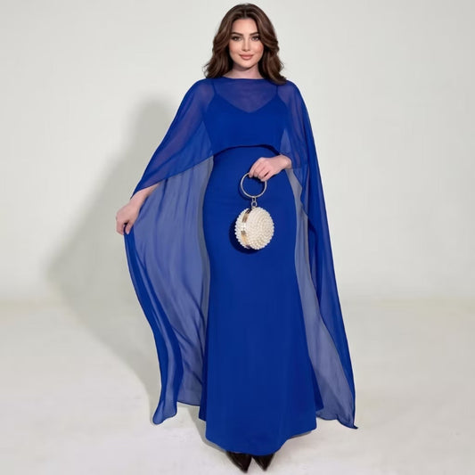 Vestido longo suplex com capa de tule, cor azul-royal