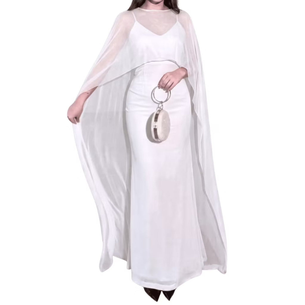 Vestido longo suplex com capa de tule, cor branco